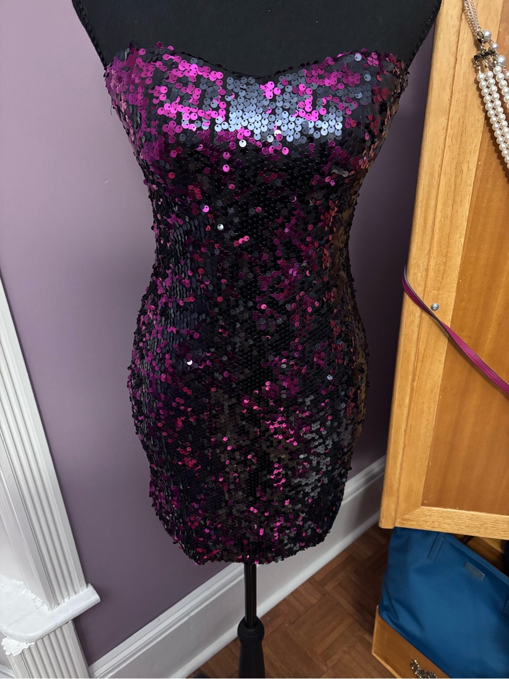 Arden B Black and Magenta Sequin Strapless Bodycon Dress